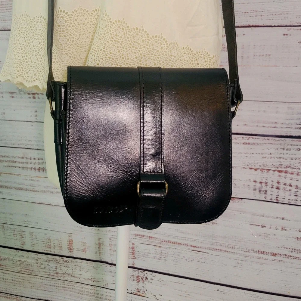 VTG Kouros Handmade Black Leather Crossbody Bag Genuine Greek Cowhide Leather